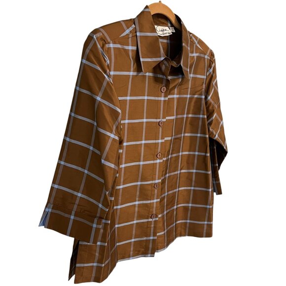 Linea By Louis DellOlio Womens Brown Checkered Silk Button-Up Shirt M - Picture 2 of 5